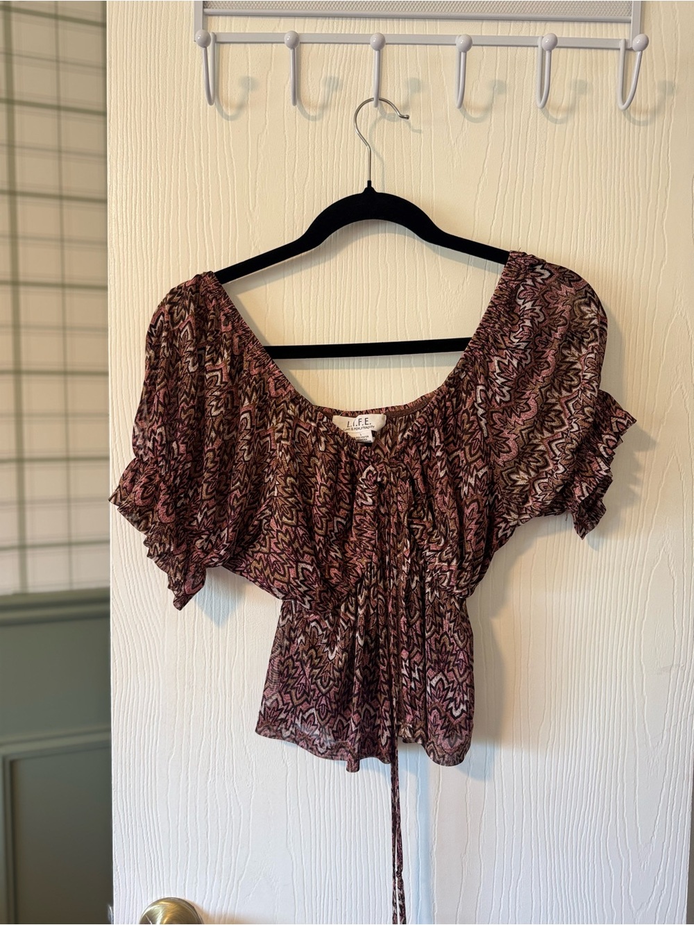 lei Pink and Black Printed Smocked Peasant Top